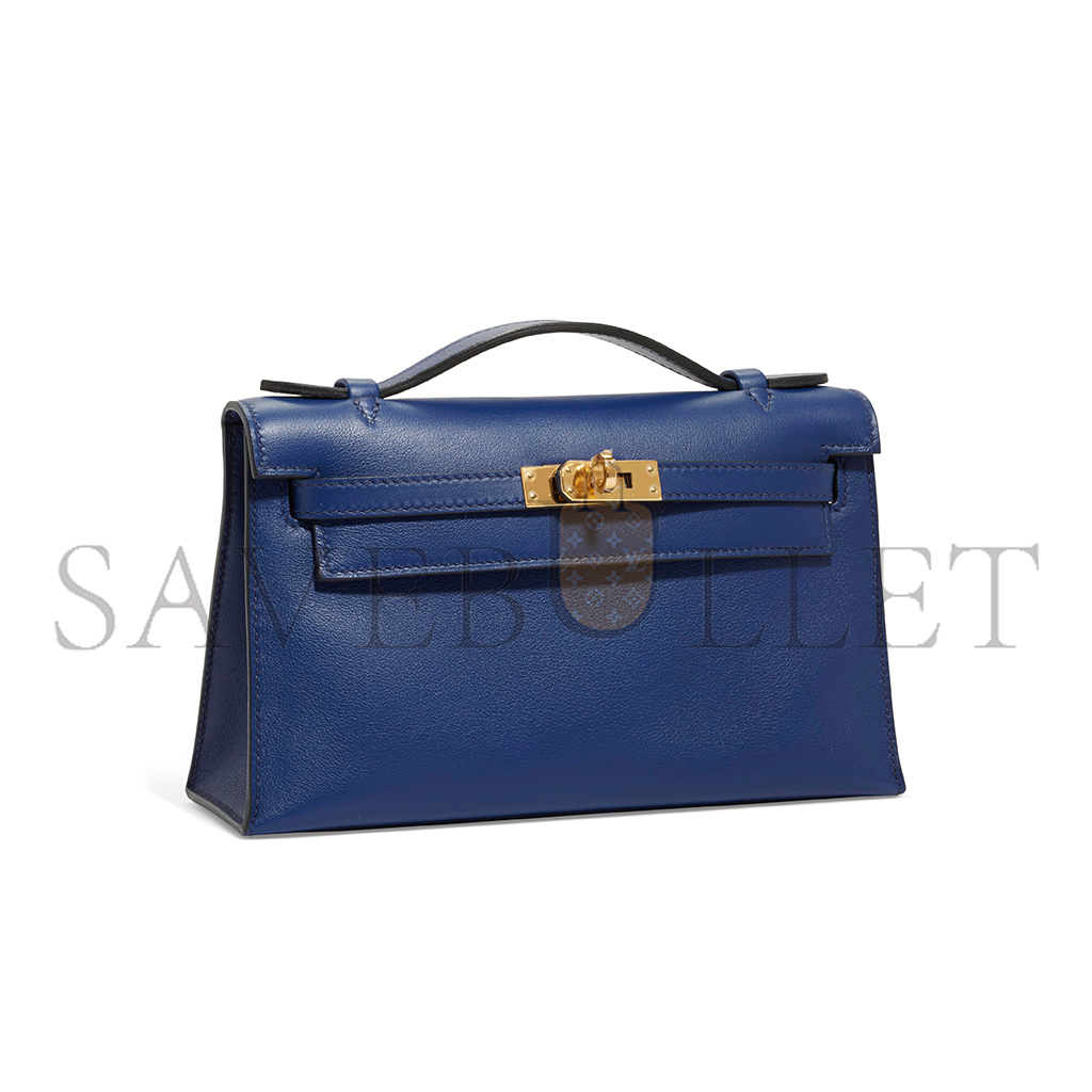 HERMÈS MASTER A BLEU SAPHIR SWIFT LEATHER KELLY POCHETTE WITH GOLD HARDWARE (22*14*7cm) 